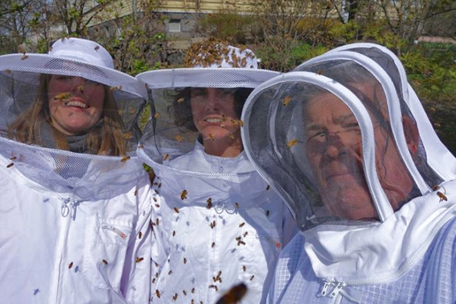 Ulla, Christina and Nigel in Kaisaniemi Botanical Garden, greeting the Hexa-Hive bees.